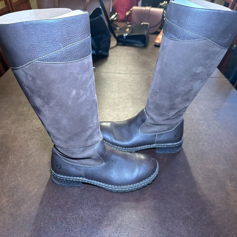Born Brown Leather and Suede Mid-Calf Riding Boots 9.5